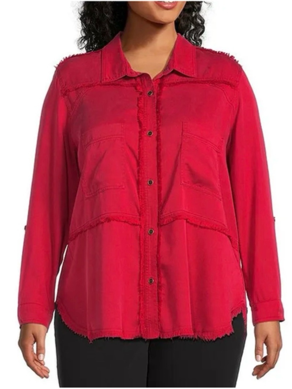 MULTIPLES Lyocell Twill Point Collar Long Roll-Tab Sleeve Red Blouse. Size 3XL